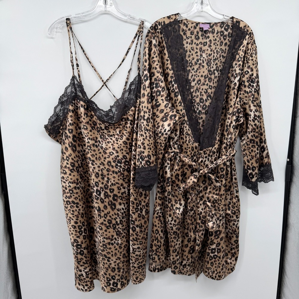 Amoureuse‎ Robe Nightgown Set Size 2X Silky Satin Leopard Coquette Mob Wife Sexy